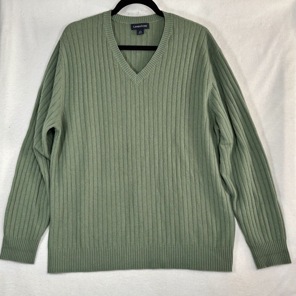 Lands' End Men's XL Cashmere Sweater Green Pullover V neck  Long Sleeve Ribbed